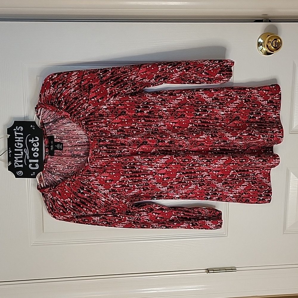 Style & Co Medium Blouse Red Black Pink White Braided Fabric Neckline